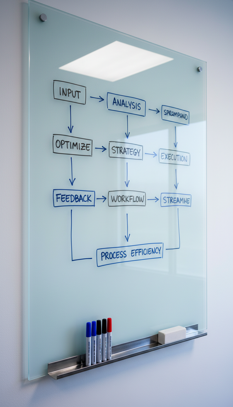 A close-up view of a minimalist, frosted glass whiteboard mounted on a smooth, pale-gray wall, adorned with precise hand-drawn flowcharts and annotated process diagrams in clean blue and black marker. A sturdy chrome marker tray is attached beneath, holding neatly arranged markers and a pristine eraser. Cool diffused light, sourced from overhead LED panels, highlights the clean lines and content on the board, casting soft, barely-there shadows. The shot is at eye-level with a sharp depth of field, emphasizing the clarity and order essential to operational excellence and process optimization consulting.