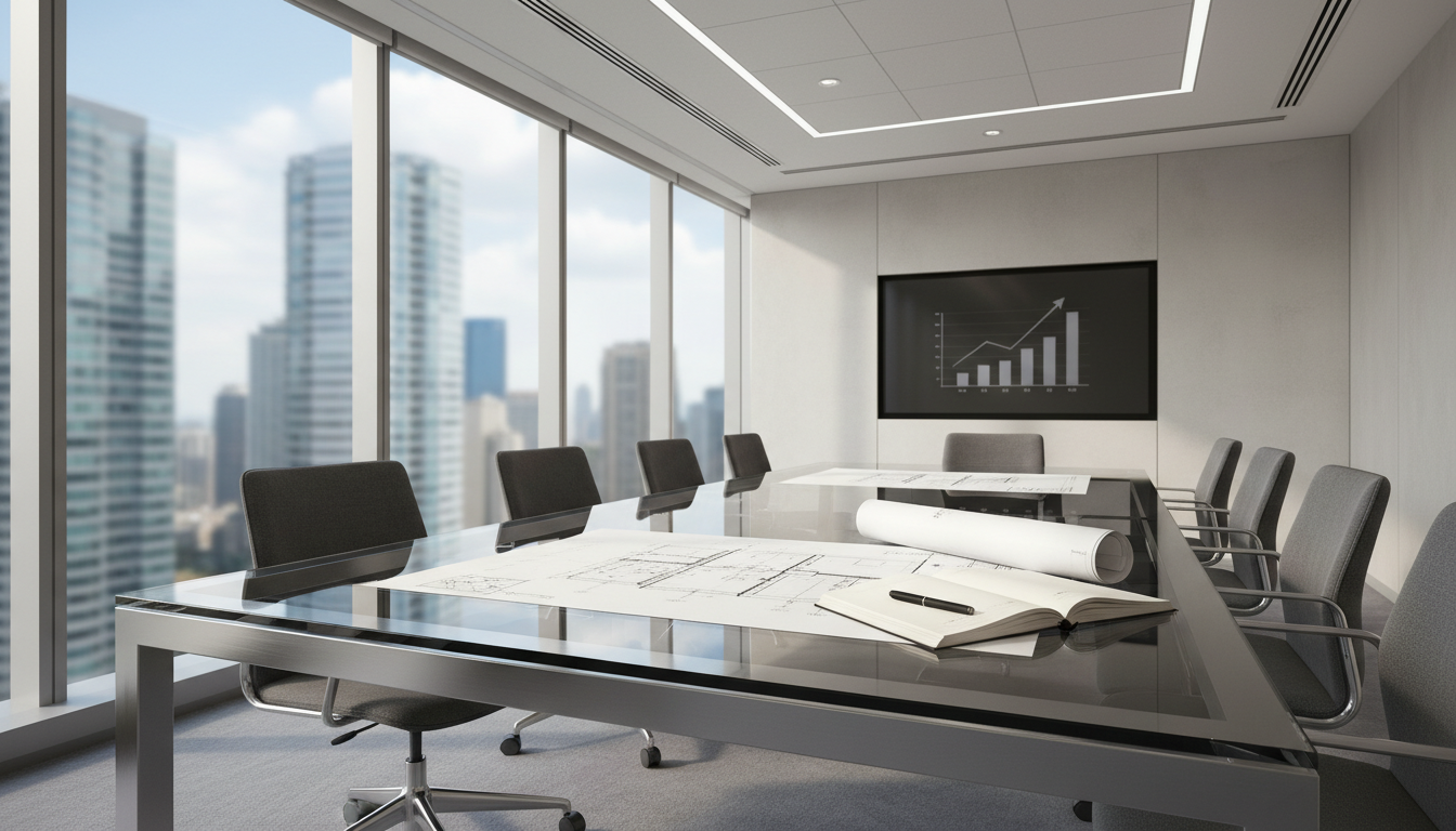 A meticulously organized glass meeting table accented with brushed steel frame, at the center of a spacious, modern corporate conference room. The tabletop displays architectural blueprints, an open notebook, and a sleek, matte-finish black pen arranged with deliberate precision. The environment features clean lines and balanced symmetry, with large, floor-to-ceiling windows revealing a cityscape in soft focus. Natural daylight floods the room, creating gentle reflections and subtle shadows. Captured from an elevated, slightly off-center angle with a sharp, photographic realism, the atmosphere exudes clarity, professionalism, and strategic intent, perfectly aligning with the business consulting context.