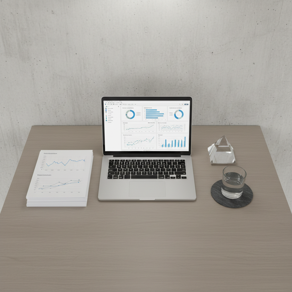 A top-down perspective of a structured desktop workspace featuring a high-end brushed aluminum laptop opened to a data dashboard, a stack of crisp, white graph-laden reports, an elegant glass paperweight, and a fine-grained dark stone coaster supporting a simple glass of water. The desk is pristine, with neutral taupe tones and strong linear forms, set against a subtly textured concrete wall. Soft ambient light from a diffusion panel creates a balanced, shadowless glow, imbuing the scene with a sense of precision, focus, and modernity. The composition is symmetrical and meticulously spaced, reflecting the analytical rigor and professionalism of consulting.